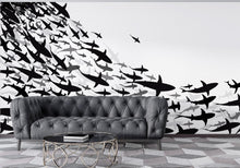 Carregar imagem no visualizador da galeria, Shark Frenzy Underwater Wall Mural. Peel and Stick Wallpaper. Black and White Shark Silhouettes  #6347
