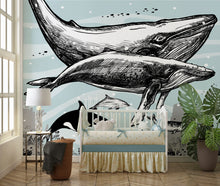 Load image into Gallery viewer, Whale, Dolphin, Killer Whale Wall Mural. Underwater Sea Life Drawing Design. Peel and Stick Wall Mural. #6354
