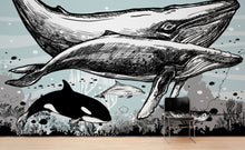 Carregar imagem no visualizador da galeria, Whale, Dolphin, Killer Whale Wall Mural. Underwater Sea Life Drawing Design. Peel and Stick Wall Mural. #6354
