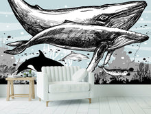 Load image into Gallery viewer, Whale, Dolphin, Killer Whale Wall Mural. Underwater Sea Life Drawing Design. Peel and Stick Wall Mural. #6354
