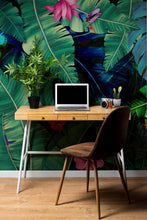 Carregar imagem no visualizador da galeria, Rainforest Jungle Tropical Wallpaper. Green Flowers and Palm Tree Leaves Design. #6357
