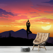 Cargar imagen en el visor de la galería, Yoga Meditating On Top of Mountain View Wall Mural. Calm Sunrise Design Peel and Stick Wallpaper. #6364
