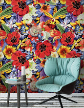 Cargar imagen en el visor de la galería, Colorful Blooming Flower Wall Mural. Tropical Floral Design Pattern Peel and Stick Wallpaper. #6370
