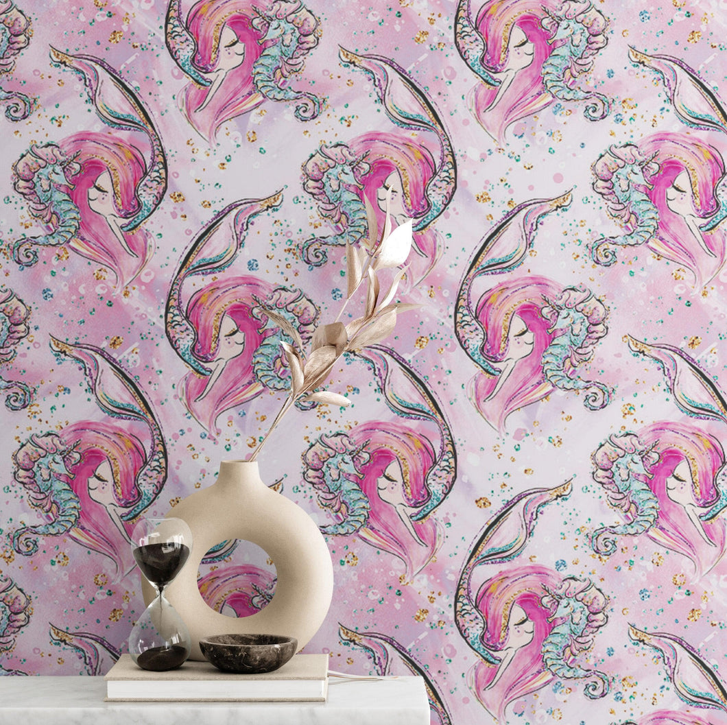 Pink Mermaid Wall Mural. Magical Cute Mermaid and Seahorse in Ocean Peel and Stick Wallpaper. #6371