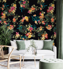 Carregar imagem no visualizador da galeria, Tropical Flower Wall Mural. Paradise Botanical Flowers and Leave Black Background. #6372
