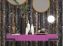 Load image into Gallery viewer, Glamour Gold Stripe Wall Mural. White and Purple Dot Peel and Stick Wallpaper. #6378
