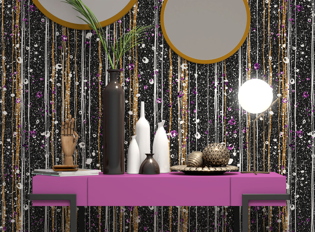 Glamour Gold Stripe Wall Mural. White and Purple Dot Peel and Stick Wallpaper. #6378