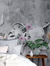 Cargar imagen en el visor de la galería, Safari Baby Animals Wall Mural. Baby Elephant, Giraffe, Rhino, Lion and Zebra Peel and Stick Wallpaper. #6383
