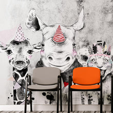 Cargar imagen en el visor de la galería, Safari Baby Animals Wall Mural. Baby Elephant, Giraffe, Rhino, Lion and Zebra Peel and Stick Wallpaper. #6383
