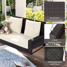 Load image into Gallery viewer, 2-Person Wicker Hanging Porch Swing with Chains, Cushion, Pillow, Rattan Swing Bench for Garden, Backyard, Pond. (Brown Wicker, Beige Cushion)
