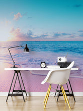 Carregar imagem no visualizador da galeria, Pastel Color Sunset over Paradise Beach Wall Mural. Pastel Pink and Blue Color Scheme Peel and Stick Wallpaper. #6404
