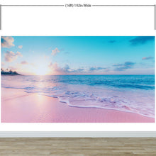 Carregar imagem no visualizador da galeria, Pastel Color Sunset over Paradise Beach Wall Mural. Pastel Pink and Blue Color Scheme Peel and Stick Wallpaper. #6404
