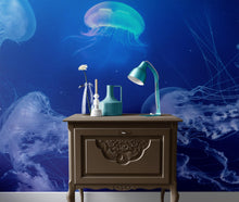 Carregar imagem no visualizador da galeria, Jellyfish Floating Underwater Wall Mural. Deep Blue Ocean Peel and Stick Wallpaper. #6405
