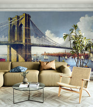 Cargar imagen en el visor de la galería, Vintage Brooklyn Bridge Illustration Wallpaper Mural - The Great East River Suspension Bridge. #6408
