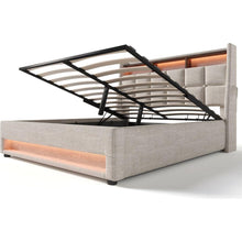 Carregar imagem no visualizador da galeria, Full size Upholstered Platform bed with a Hydraulic Storage System, LED and USB Charging, Natural (without mattress)
