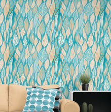 Load image into Gallery viewer, Teal Color Autumn Leaves Pattern Wall Mural. Retro Illustration Foliage Pattern. #6438
