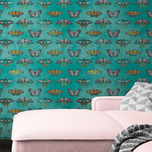 Load image into Gallery viewer, Butterfly Pattern on Green Background Wall Mural. Retro Green, Pink and Gold Color Illustration Design. Bedroom, Nursery, Home Decor. Peel and Stick Wallpaper. #6440
