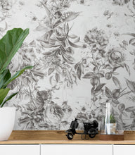 Carregar imagem no visualizador da galeria, Vintage Flower Pattern Illustration Wall Mural. Black and White Peel and Stick Wallpaper. #6443
