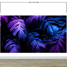 Cargar imagen en el visor de la galería, Tropical Wallpaper Blue and Purple Leaf Wall Mural on Dark Background #6445
