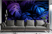 Cargar imagen en el visor de la galería, Tropical Wallpaper Blue and Purple Leaf Wall Mural on Dark Background #6445
