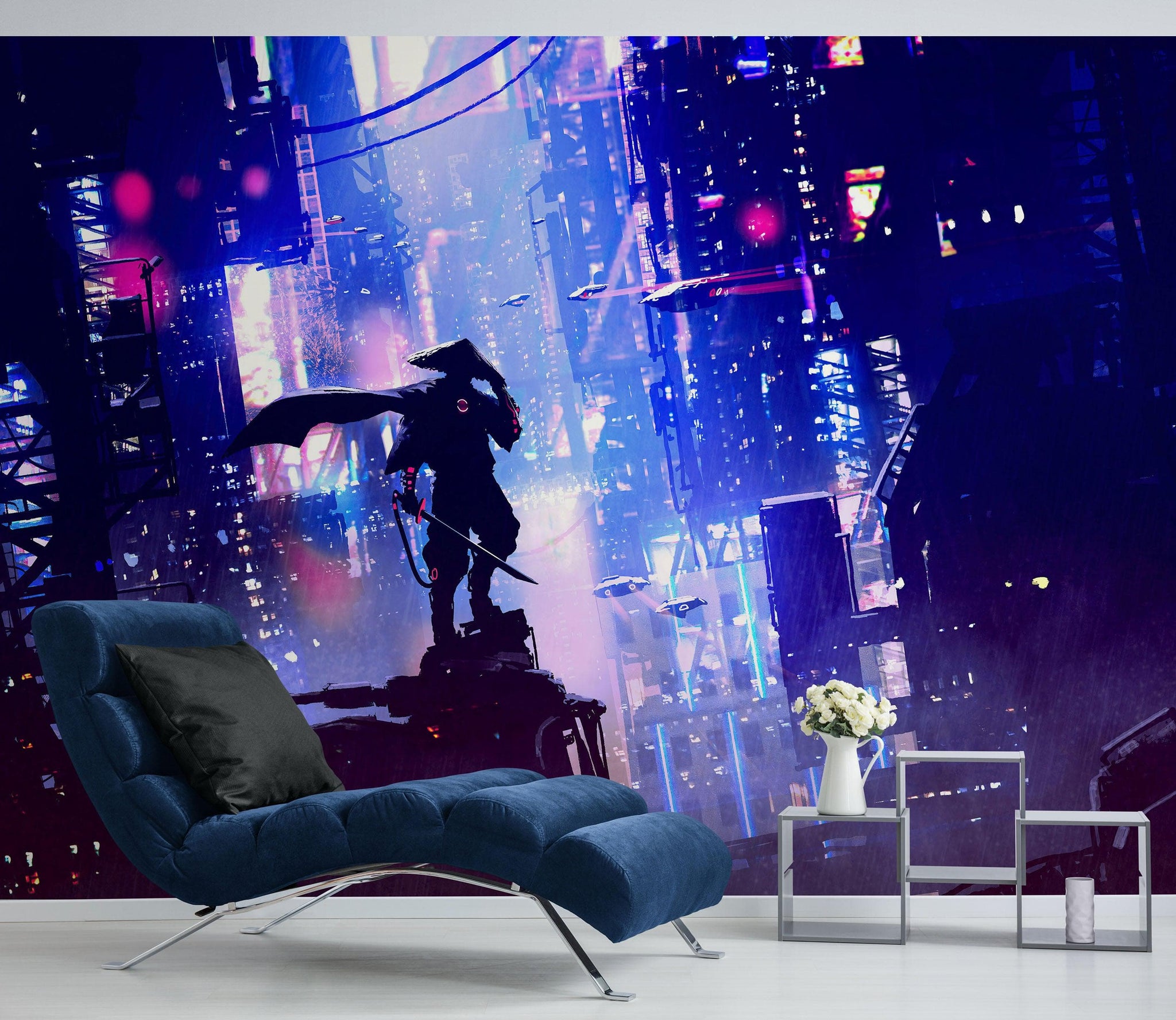 Japanese Samurai in Cyberpunk Futuristic City of Japan Wall