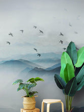 Load image into Gallery viewer, Birds Migrating Over Mountain Wall Mural. Asian Theme Peel and Stick Wallpaper. #6467
