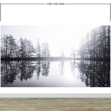 Load image into Gallery viewer, Foggy Woodland Wall Mural. Warm Grey Misty Forest Lakeview Peel and Stick Wallpaper. #6474

