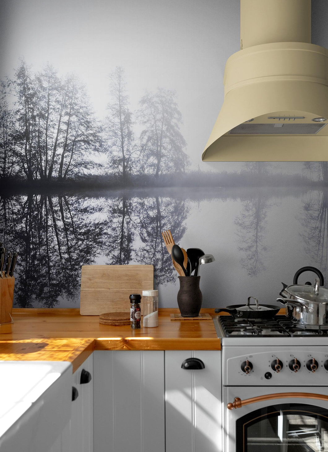 Foggy Woodland Wall Mural. Warm Grey Misty Forest Lakeview Peel and Stick Wallpaper. #6474