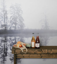 Cargar imagen en el visor de la galería, Foggy Woodland Wall Mural. Warm Grey Misty Forest Lakeview Peel and Stick Wallpaper. #6474
