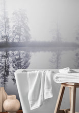 Load image into Gallery viewer, Foggy Woodland Wall Mural. Warm Grey Misty Forest Lakeview Peel and Stick Wallpaper. #6474
