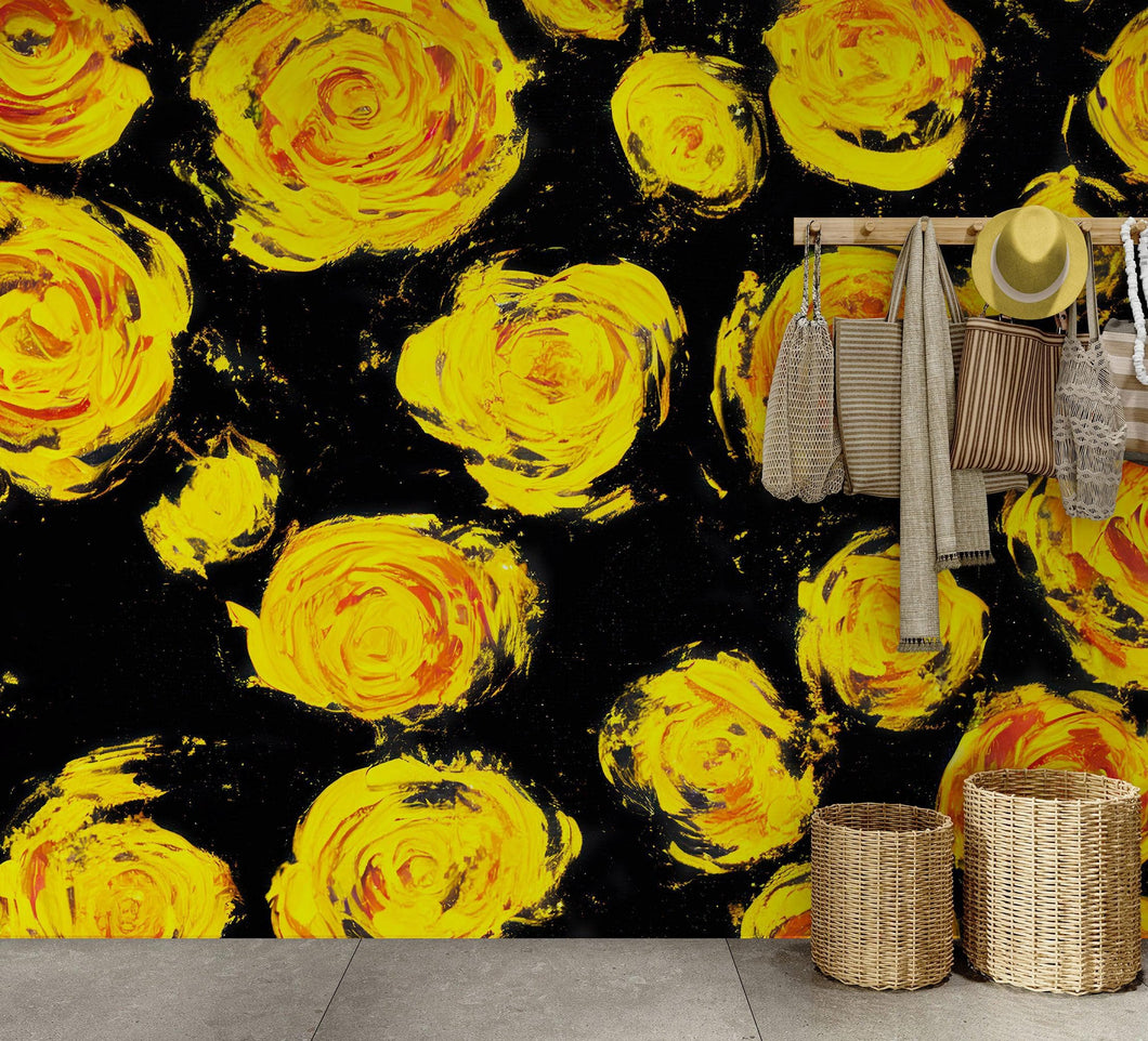 Flower Wallpaper Peel and Stick Wall Mural. Yellow Flowers on Black Background. #6499