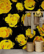 Cargar imagen en el visor de la galería, Flower Wallpaper Peel and Stick Wall Mural. Yellow Flowers on Black Background. #6499
