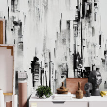 Cargar imagen en el visor de la galería, Black and White Urban City Wall Mural. Cyber Punk Cityscape. Minimalist Abstract Building Architect Wallpaper. #6487
