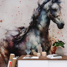 Carregar imagem no visualizador da galeria, Horse Galloping Watercolor Painting. Cowboy Peel and Stick Wall Mural. #6500
