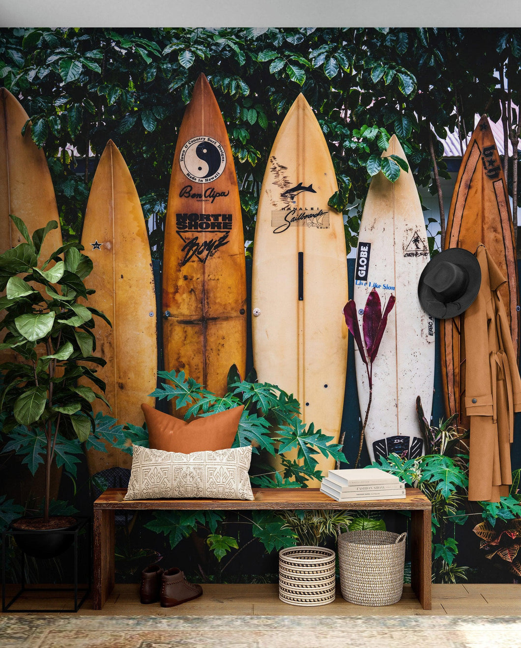 Surfboards Wall Mural. Peel and Stick Wallpaper. Summer Tropical Beach Theme Decor. #6509