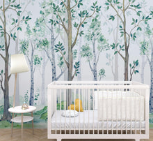 Carregar imagem no visualizador da galeria, Nursery Woodland Forest Wallpaper. Watercolor Birch Tree Forest Wall Mural. #6525
