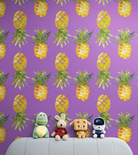 Load image into Gallery viewer, Pineapple Wallpaper. Pink, Purple, or Black Color Peel and Stick Wall Mural. #6538
