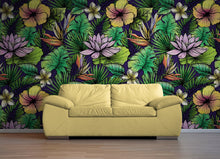 Cargar imagen en el visor de la galería, Tropical Flower Wallpaper Peel and Stick Colorful Wildflower Mural. Green Flowers and Palm Tree Leaves Design. #6569
