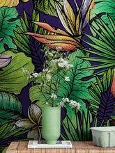 Cargar imagen en el visor de la galería, Tropical Flower Wallpaper Peel and Stick Colorful Wildflower Mural. Green Flowers and Palm Tree Leaves Design. #6569
