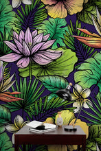 Cargar imagen en el visor de la galería, Tropical Flower Wallpaper Peel and Stick Colorful Wildflower Mural. Green Flowers and Palm Tree Leaves Design. #6569
