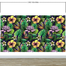 Cargar imagen en el visor de la galería, Tropical Flower Wallpaper Peel and Stick Colorful Wildflower Mural. Green Flowers and Palm Tree Leaves Design. #6569
