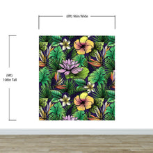 Cargar imagen en el visor de la galería, Tropical Flower Wallpaper Peel and Stick Colorful Wildflower Mural. Green Flowers and Palm Tree Leaves Design. #6569
