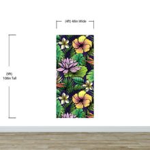 Cargar imagen en el visor de la galería, Tropical Flower Wallpaper Peel and Stick Colorful Wildflower Mural. Green Flowers and Palm Tree Leaves Design. #6569
