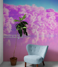 Cargar imagen en el visor de la galería, Tranquil Park Scene Wallpaper - Pink Pastel with Trees and Lake Wall Mural #6601
