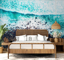 Cargar imagen en el visor de la galería, Ocean Waves over Cliff Wallpaper. Rocky Beach Wall Mural. Bright Aqua Color Beach Waves. #6624
