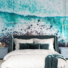 Cargar imagen en el visor de la galería, Ocean Waves over Cliff Wallpaper. Rocky Beach Wall Mural. Bright Aqua Color Beach Waves. #6624
