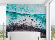 Cargar imagen en el visor de la galería, Ocean Waves over Cliff Wallpaper. Rocky Beach Wall Mural. Bright Aqua Color Beach Waves. #6624
