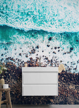 Cargar imagen en el visor de la galería, Ocean Waves over Cliff Wallpaper. Rocky Beach Wall Mural. Bright Aqua Color Beach Waves. #6624
