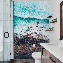 Cargar imagen en el visor de la galería, Ocean Waves over Cliff Wallpaper. Rocky Beach Wall Mural. Bright Aqua Color Beach Waves. #6624
