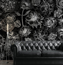 Cargar imagen en el visor de la galería, Black Floral Background, Black and White Flower Wallpaper Mural. #6677
